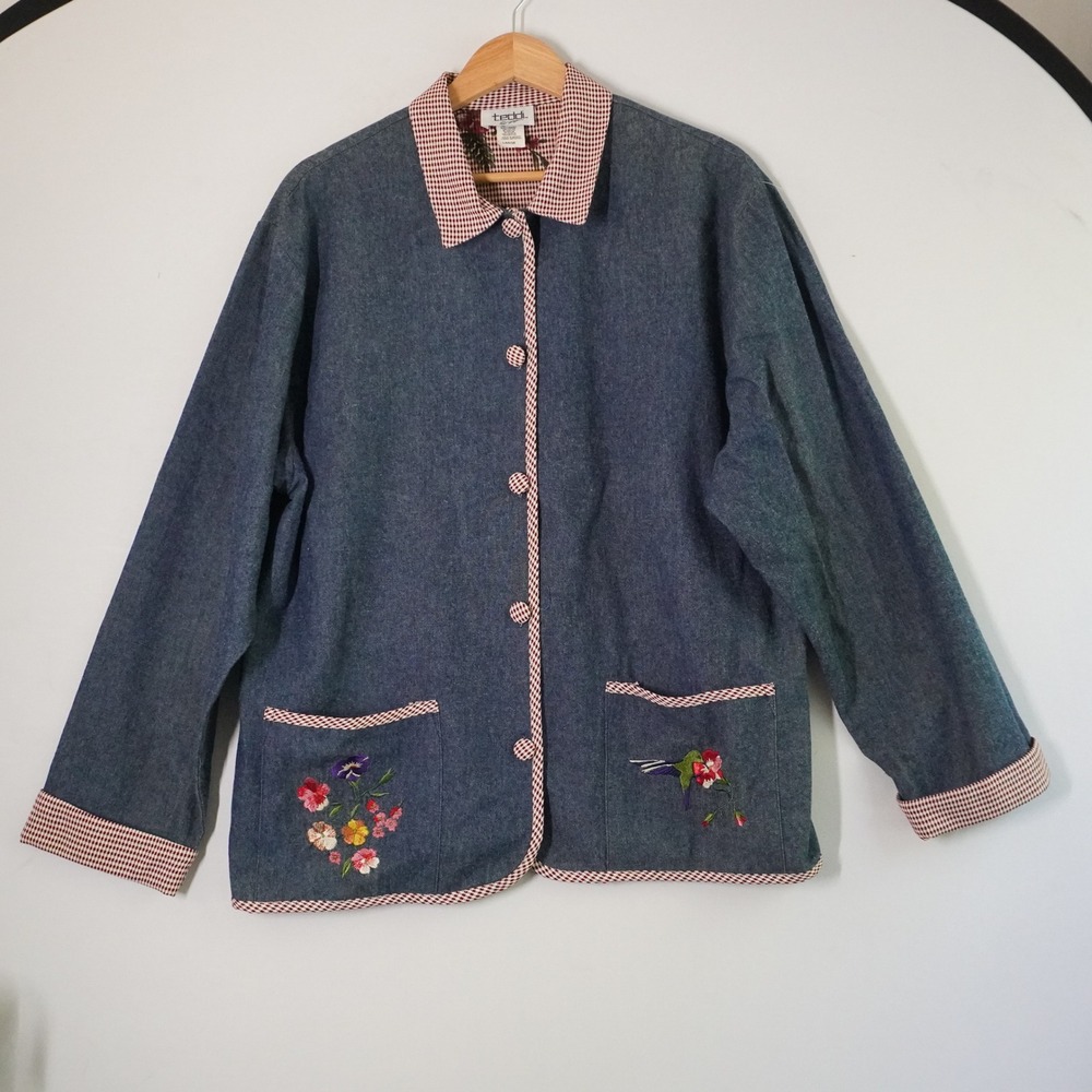 Teddi Embroidered Denim Jacket Floral Pockets Gingham Trim Button Up Large‎ 90s